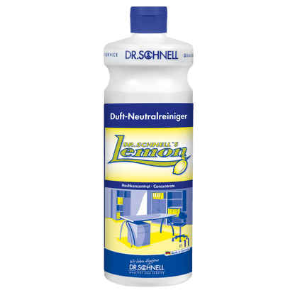 Una bottiglia di plastica di Dr. Schnell DR.SCHNELL'S LEMON della DR.SCHNELL GmbH & Co. KGaA, con tappo blu e etichetta giallo-blu che mostra una cucina moderna, ideale per la pulizia domestica.