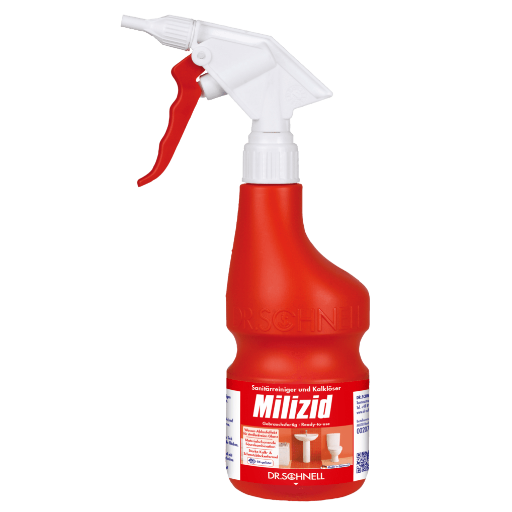 Lo spruzzatore Dr. Schnell vuoto 600 ml di DR.SCHNELL GmbH & Co. KGaA è una bottiglia spray rosso-bianca con testo tedesco, simboli di pulizia per il bagno, un codice QR e un ugello di attivazione.