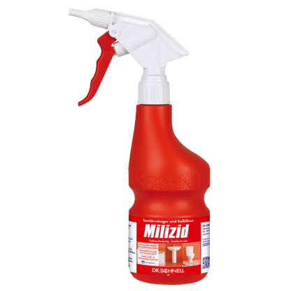 Lo spruzzatore Dr. Schnell vuoto 600 ml di DR.SCHNELL GmbH & Co. KGaA è una bottiglia spray rosso-bianca con testo tedesco, simboli di pulizia per il bagno, un codice QR e un ugello di attivazione.