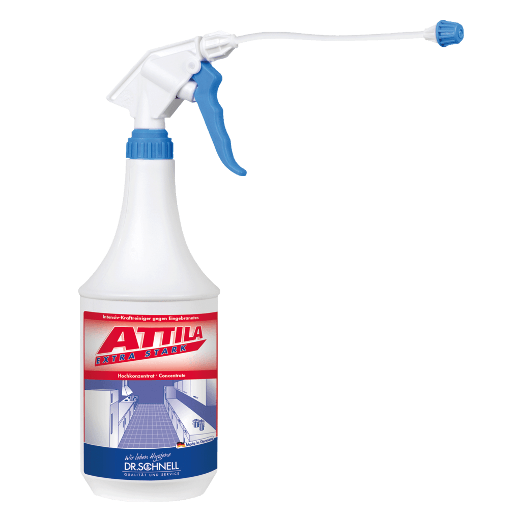 Bottiglia spray bianca da 1L con grilletto blu e la scritta "Dr. Schnell ATTILA EXTRA FORTE Detergente per griglie e forni, igiene della cucina" della DR.SCHNELL GmbH & Co. KGaA, con un'etichetta rosso-blu con testo tedesco per l'igiene della cucina.