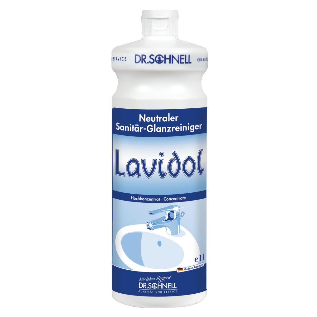 Una bottiglia bianco-blu da 1 litro di Dr. Schnell LAVIDOL detergente sanitario della DR.SCHNELL GmbH & Co. KGaA è dotata di testo in tedesco e l'immagine di un lavandino e un rubinetto e contiene un detergente sanitario neutro concentrato.