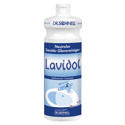 Una bottiglia bianco-blu da 1 litro di Dr. Schnell LAVIDOL detergente sanitario della DR.SCHNELL GmbH & Co. KGaA è dotata di testo in tedesco e l'immagine di un lavandino e un rubinetto e contiene un detergente sanitario neutro concentrato.