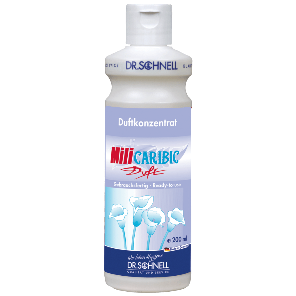 Eine 200 ml Flasche Dr. Schnell MILI CARIBIC DUFT Raumfrische Sommerbrise, ein gebrauchsfertiges Duftkonzentrat der DR.SCHNELL GmbH & Co. KGaA, mit blauem Etikett mit Baumwollblütenmotiven und deutschem Text.