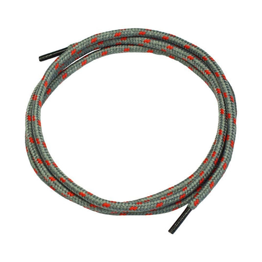 AS Arbeitsschutz GmbH Lacci NITRAS grigi/rossi (120 cm, 1 paio) con motivi rossi e estremità nere – presentati con stile su sfondo bianco.