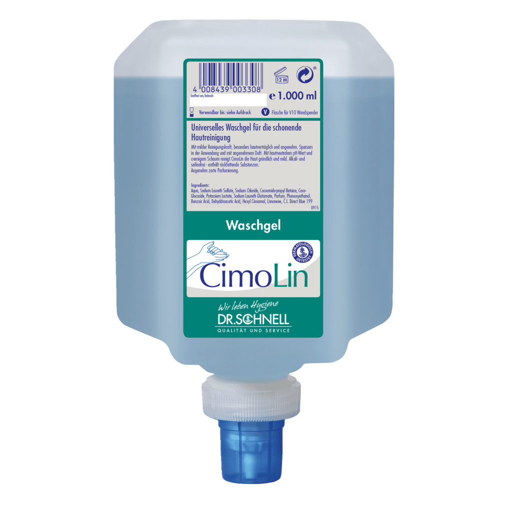 Una bottiglia dosatrice da 1.000 ml Dr. Schnell CIMOLIN per la pulizia della pelle della DR.SCHNELL GmbH & Co. KGaA, gel detergente blu con etichetta bianco-blu e tappo dosatore, per la delicata cura e pulizia della pelle.