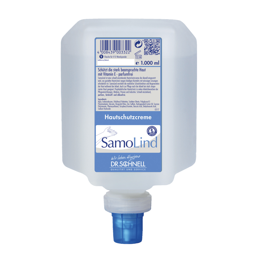 Un contenitore da 1.000 ml di Dr. Schnell SAMOLIND protezione della pelle di DR.SCHNELL GmbH & Co. KGaA è dotato di un tappo dosatore blu e un'informazione sul prodotto in tedesco su un'etichetta bianco-blu.