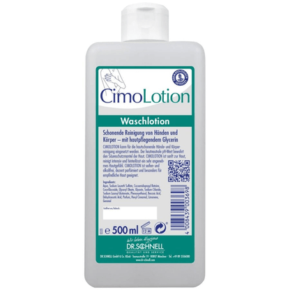 Le Dr. Schnell bottiglie dosatrici CIMOLOTION di DR.SCHNELL GmbH & Co. KGaA sono una lozione detergente bianca da 500 ml con chiusura a scatto, etichetta blu-verde e scritta in tedesco, e offrono un dosaggio igienico - ideale per una delicata pulizia delle mani e del corpo nella cura della pelle.