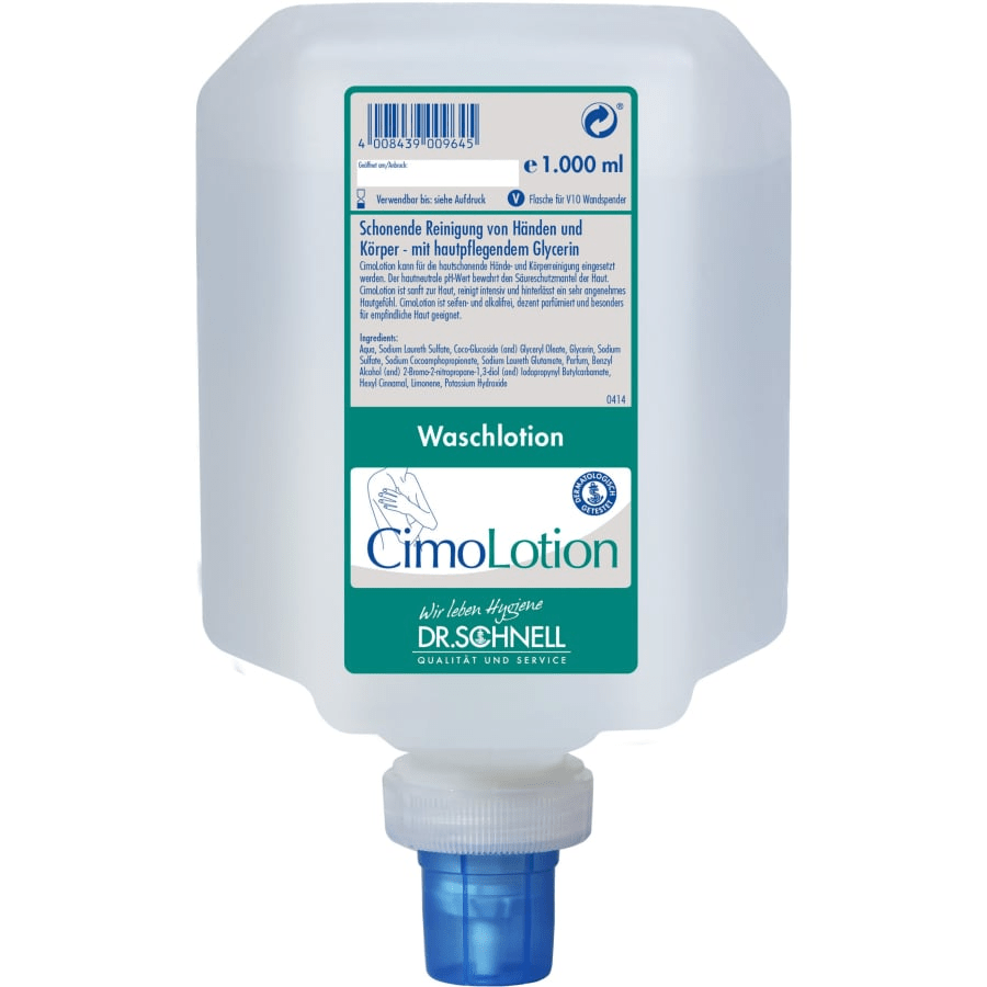 Le bottiglie dosatrici da 1000 ml Dr. Schnell CIMOLOTION della DR.SCHNELL GmbH & Co. KGaA si distinguono per un'etichetta blu, un tappo dosatore per un dosaggio igienico e una formula arricchita con glicerina per una delicata pulizia delle mani e del corpo - ideale per la cura della pelle.