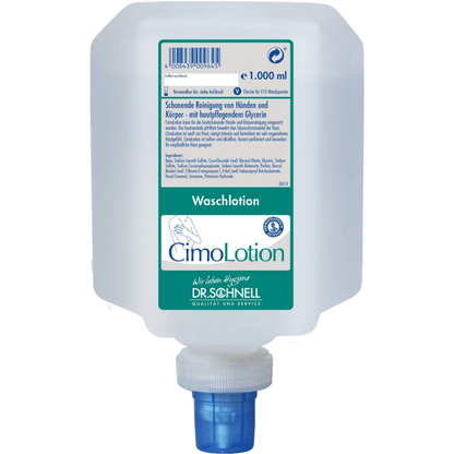 Le bottiglie dosatrici da 1000 ml Dr. Schnell CIMOLOTION della DR.SCHNELL GmbH & Co. KGaA si distinguono per un'etichetta blu, un tappo dosatore per un dosaggio igienico e una formula arricchita con glicerina per una delicata pulizia delle mani e del corpo - ideale per la cura della pelle.