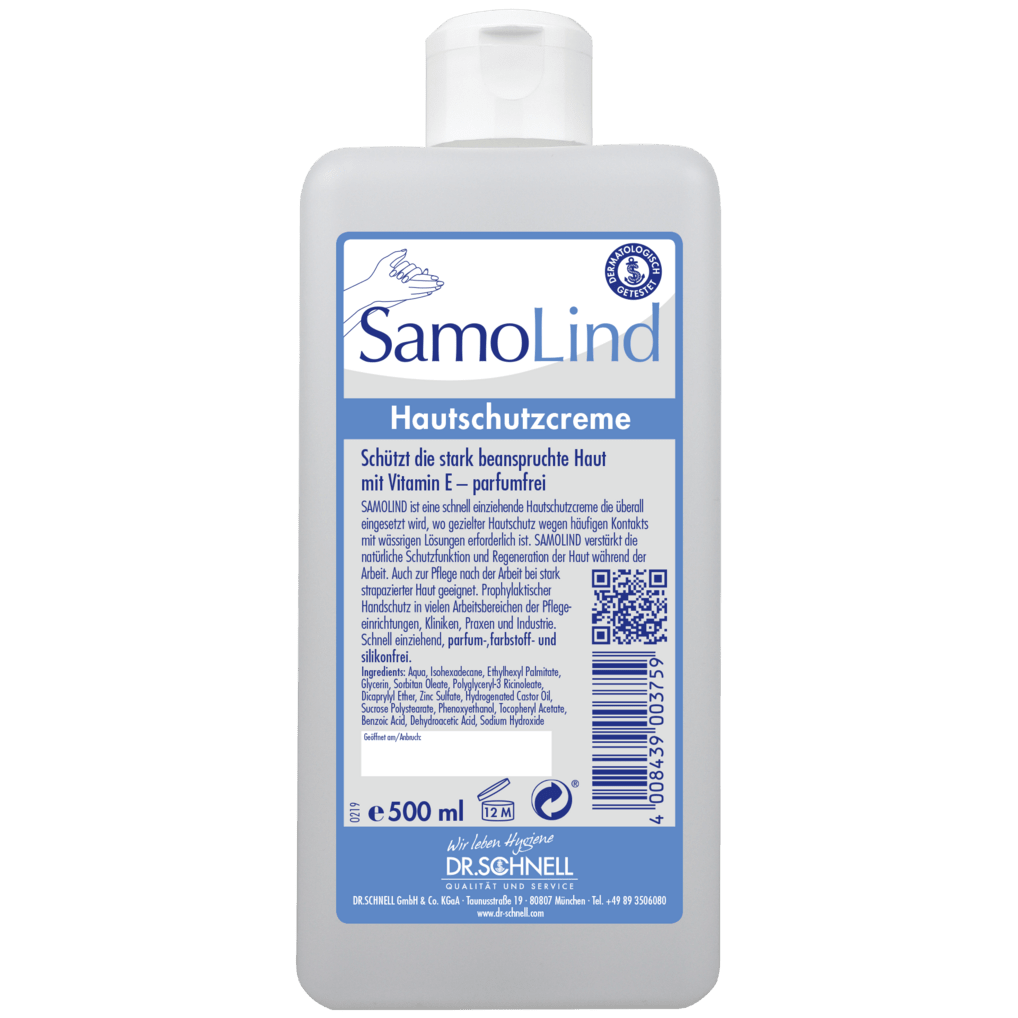 Una bottiglia da 500 ml Dr. Schnell SAMOLIND protezione della pelle di DR.SCHNELL GmbH & Co. KGaA con etichettatura blu-bianca, dettagli del prodotto, codice a barre, codice QR e testo sulla protezione della pelle con vitamina E per uso professionale.