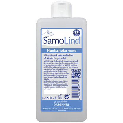 Una bottiglia da 500 ml Dr. Schnell SAMOLIND protezione della pelle di DR.SCHNELL GmbH & Co. KGaA con etichettatura blu-bianca, dettagli del prodotto, codice a barre, codice QR e testo sulla protezione della pelle con vitamina E per uso professionale.