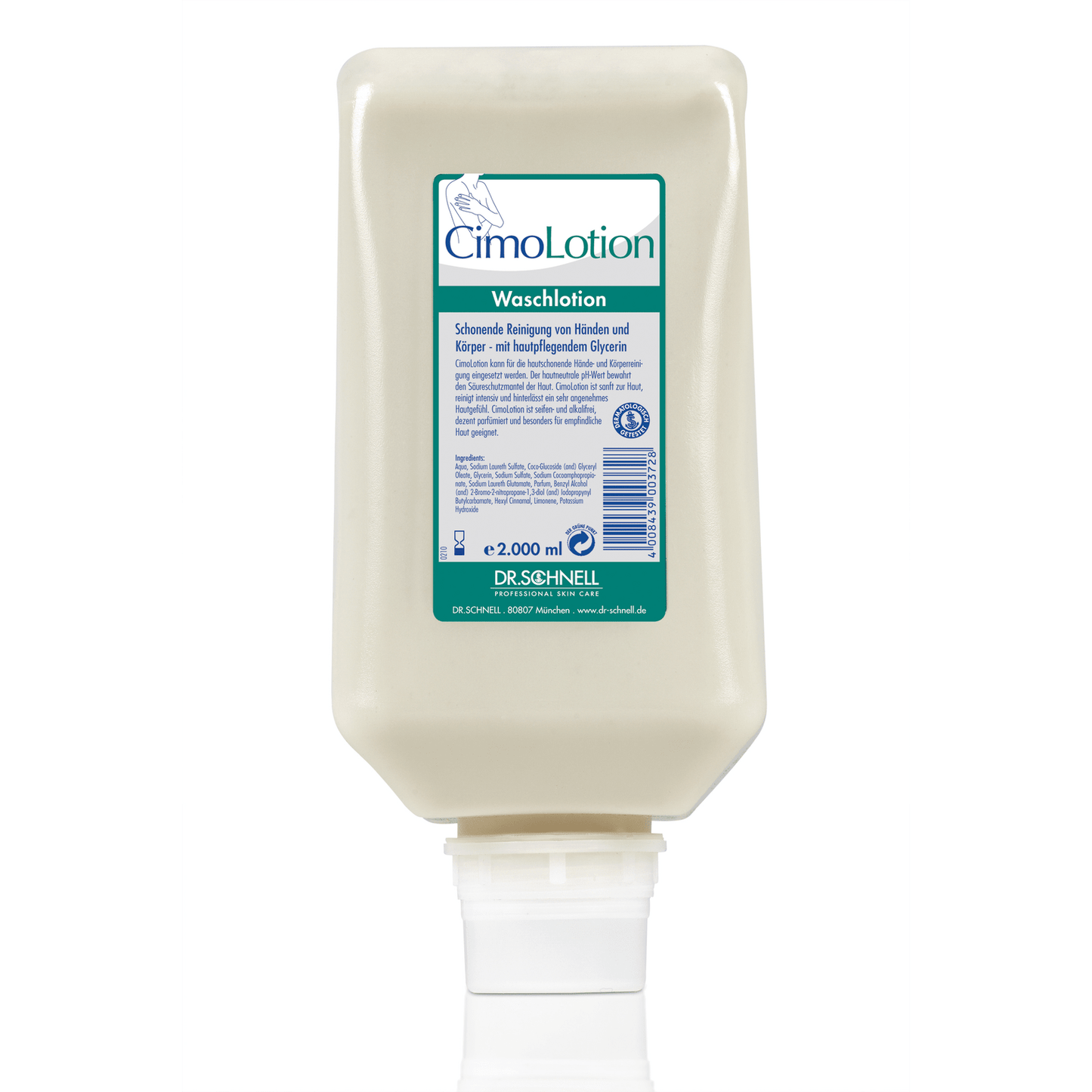 Una bottiglia dosatrice rettangolare da 2.000 ml color crema Dr. Schnell CIMOLOTION della DR.SCHNELL GmbH & Co. KGaA presenta un'etichetta "CimoLotion Waschlotion" blu-verde con la scritta "Dosaggio igienico" e "Prodotti per la cura della pelle" in lingua tedesca.