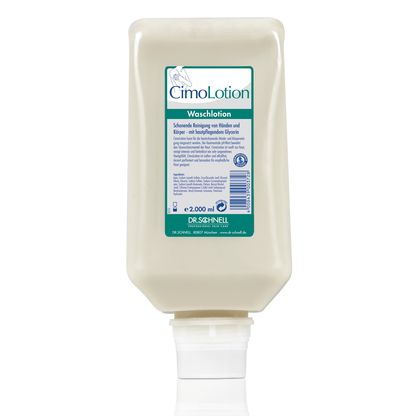 Una bottiglia dosatrice rettangolare da 2.000 ml color crema Dr. Schnell CIMOLOTION della DR.SCHNELL GmbH & Co. KGaA presenta un'etichetta "CimoLotion Waschlotion" blu-verde con la scritta "Dosaggio igienico" e "Prodotti per la cura della pelle" in lingua tedesca.