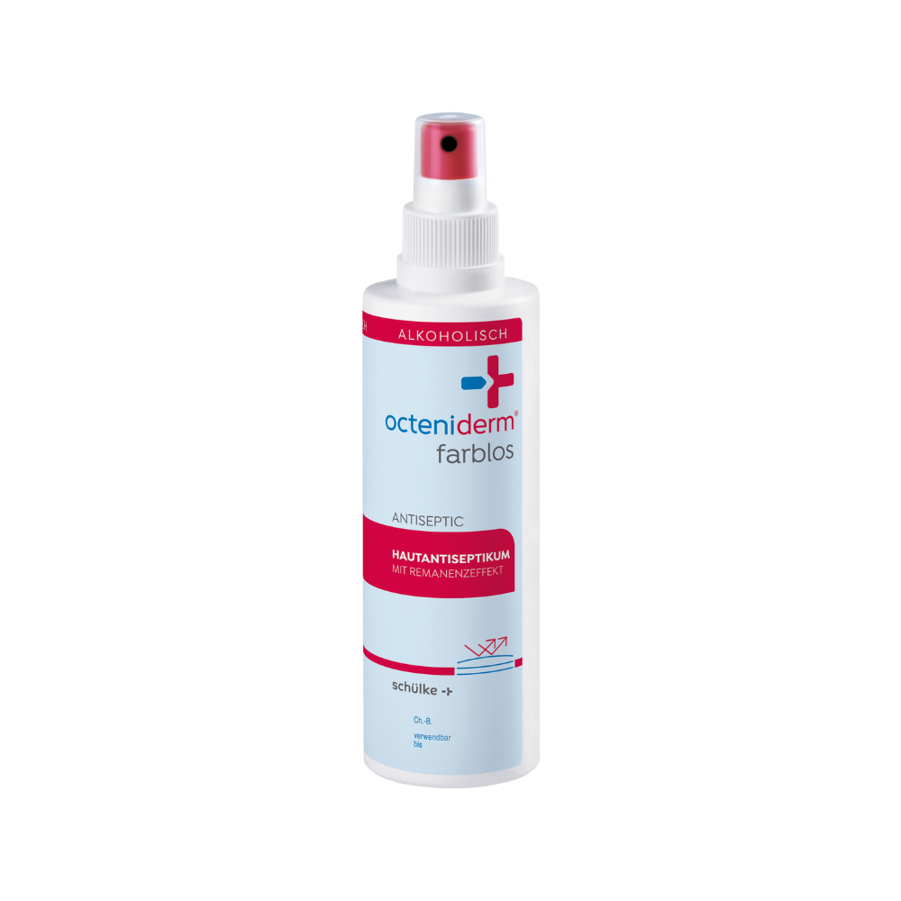 Un flacone spray bianco-rosa con l'etichetta "Schülke Octeniderm® farblos" della Schülke & Mayr GmbH è un antisettico cutaneo a base alcolica per l'antisepsi cutanea preoperatoria e la cura delle suture postoperatorie, con ugello rosso e testo in tedesco che indica l'uso.