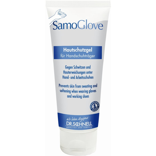 Die weiße Stehtube von Dr. Schnell SAMOGLOVE Hautschutz der DR.SCHNELL GmbH & Co. KGaA, beschriftet in Deutsch und Englisch, bietet Hautschutz gegen Schwitzen und Scheuern an Handschuhen oder Arbeitsschuhen.