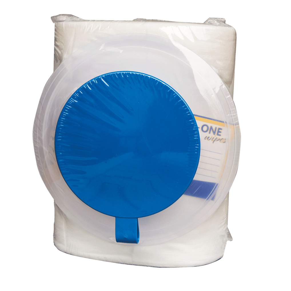 Eine Packung der DR.SCHNELL GmbH & Co. KGaA Dr. Schnell DESIFOR-ONE WIPES ungetränkte Vliestücher (90 Tücher), in Kunststoff verpackt mit blauem Spenderdeckel und teilweise sichtbarem Etikett auf der rechten Seite.