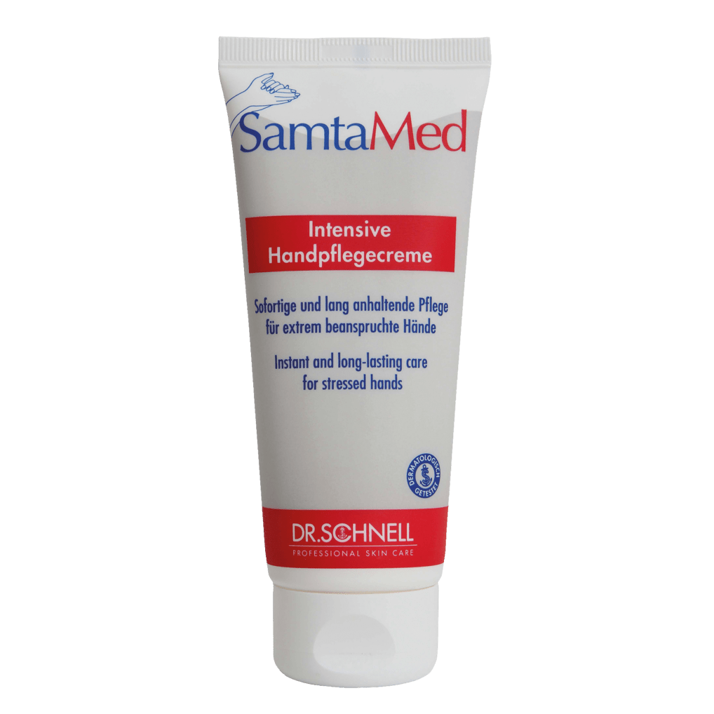 Il tubo bianco della Dr. Schnell SAMTAMED cura della pelle di DR.SCHNELL GmbH & Co. KGaA è dotato di scritte blu e rosse, un tappo a scatto, il logo Dr.-Schnell in basso e l'evidenziazione dell'effetto idratante in tedesco e inglese.