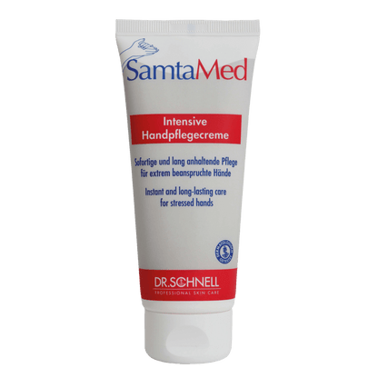 Il tubo bianco della Dr. Schnell SAMTAMED cura della pelle di DR.SCHNELL GmbH & Co. KGaA è dotato di scritte blu e rosse, un tappo a scatto, il logo Dr.-Schnell in basso e l'evidenziazione dell'effetto idratante in tedesco e inglese.