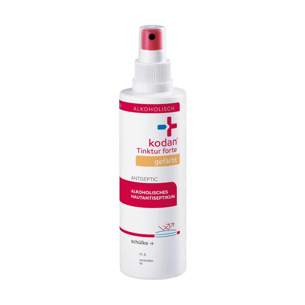 Un flacone spray bianco-rosa Schülke kodan® Tinktur forte antisettico per la pelle colorato dalla Schülke & Mayr GmbH con testo tedesco e tappo bianco.