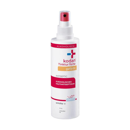 Un flacone spray bianco-rosa Schülke kodan® Tinktur forte antisettico per la pelle colorato dalla Schülke & Mayr GmbH con testo tedesco e tappo bianco.