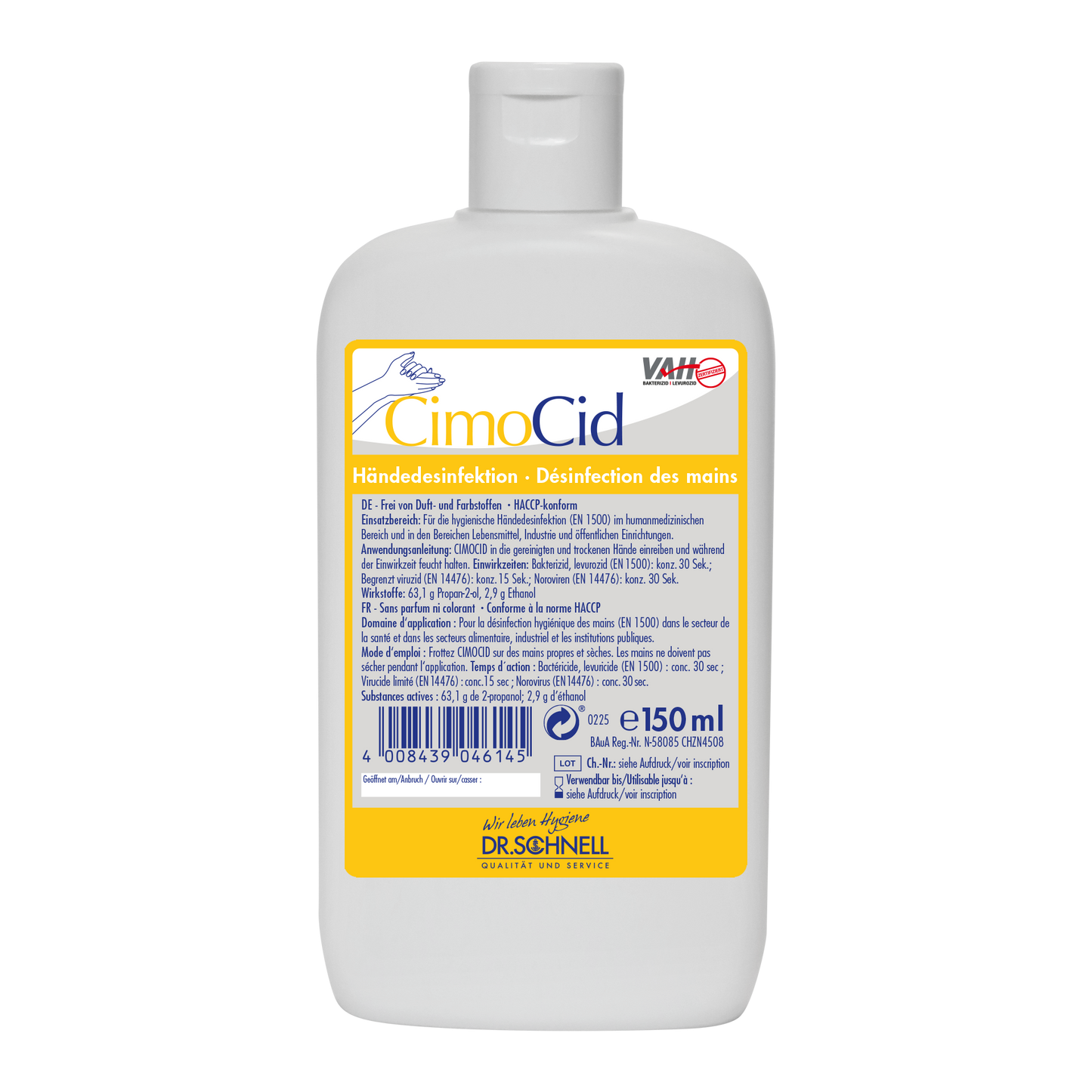 Weiße Kunststoffflasche mit Dr. Schnell CIMOCID SENSITIVE Händedesinfektion (150 ml) der DR.SCHNELL GmbH & Co. KGaA, mit gelb/blauem deutschem und französischem Etikett mit Angaben zur effektiven Keimreduktion, Barcode und geschlossenem Verschluss.