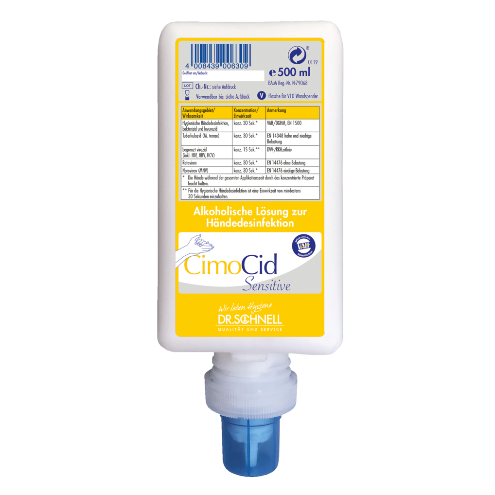 Eine weiße 500 ml Flasche Dr. Schnell CIMOCID SENSITIVE Händedesinfektion der DR.SCHNELL GmbH & Co. KGaA, mit blauem Verschluss und gelb-blauem Etikett in deutscher Sprache. Sanft zur Haut, geeignet zur effektiven Keimreduktion.
