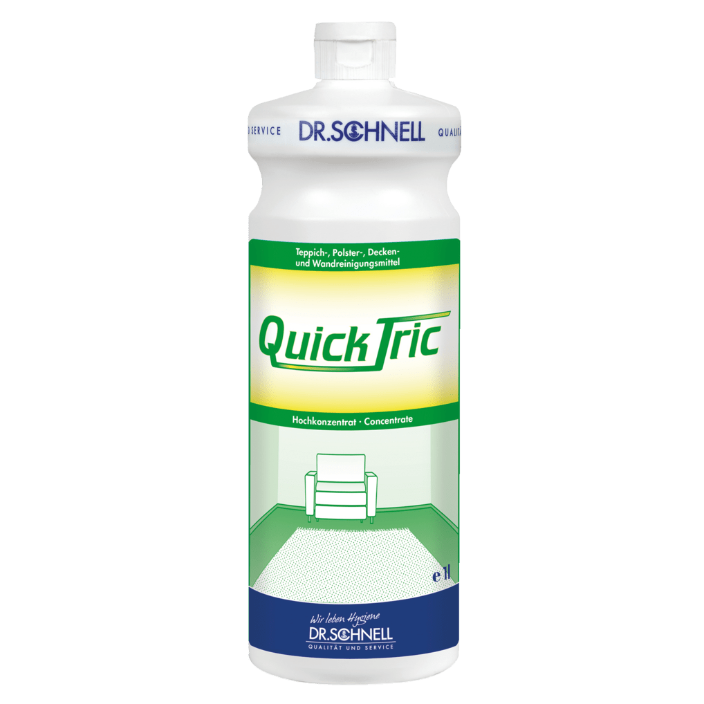 Una bottiglia bianca da 1 litro di Dr. Schnell QUICK TRIC di DR.SCHNELL GmbH & Co. KGaA, con un'etichetta verde-gialla che mostra una sedia in una stanza con moquette verde, scritta blu e tappo bianco - perfetta per la pulizia professionale.