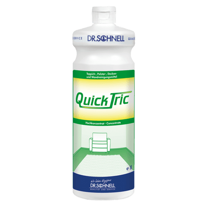 Una bottiglia bianca da 1 litro di Dr. Schnell QUICK TRIC di DR.SCHNELL GmbH & Co. KGaA, con un'etichetta verde-gialla che mostra una sedia in una stanza con moquette verde, scritta blu e tappo bianco - perfetta per la pulizia professionale.