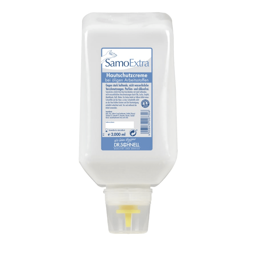 Una bottiglia dosatrice SAMOEXTRA bianca da 2000 ml Dr. Schnell (1 pezzo) di DR.SCHNELL GmbH & Co. KGaA, per l'igiene personale e la protezione della pelle, con etichetta tedesca blu-bianca e dosatore giallo sul fondo.