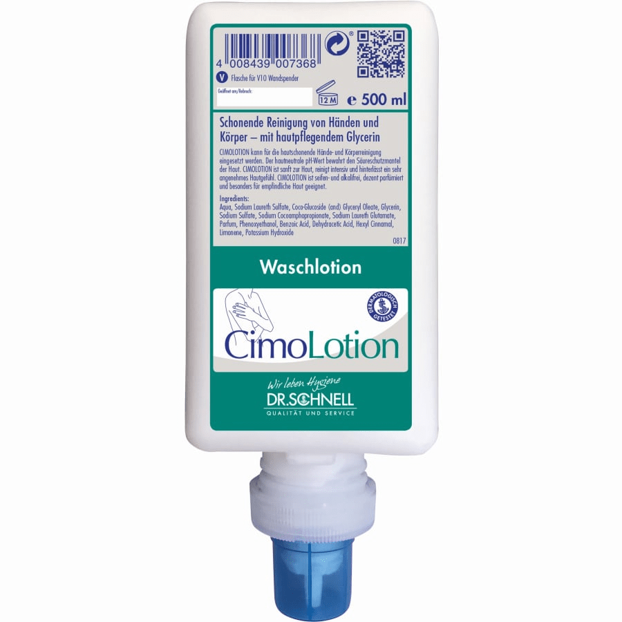 Una bottiglia dosatrice bianca da 500 ml Dr. Schnell CIMOLOTION della DR.SCHNELL GmbH & Co. KGaA è dotata di un tappo dosatore blu, etichetta frontale in tedesco, codice a barre e due mani sotto l'acqua - ideale per il dosaggio igienico e la cura quotidiana della pelle.