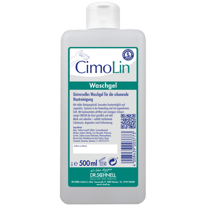 Una bottiglia dosatrice bianca da 500 ml Dr. Schnell CIMOLIN per la pulizia della pelle di DR.SCHNELL GmbH & Co. KGaA con tappo verde ed etichetta in tedesco - ideale per la delicata cura e la pulizia efficace della pelle.