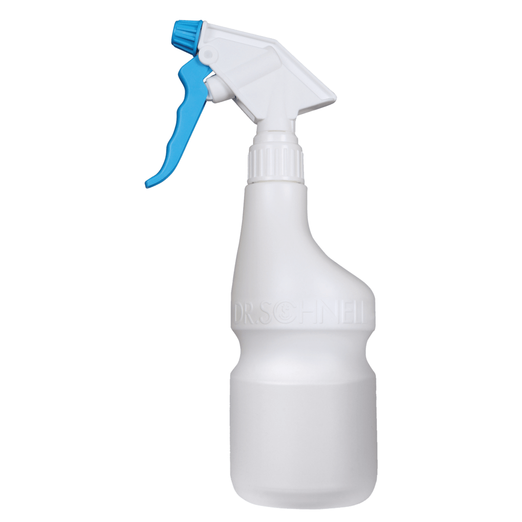 Lo spruzzatore Dr. Schnell vuoto 600 ml di DR.SCHNELL GmbH & Co. KGaA è una bottiglia spray in plastica bianca con testa spray blu, vuota su sfondo bianco, ideale per detergenti e con marchio in rilievo.