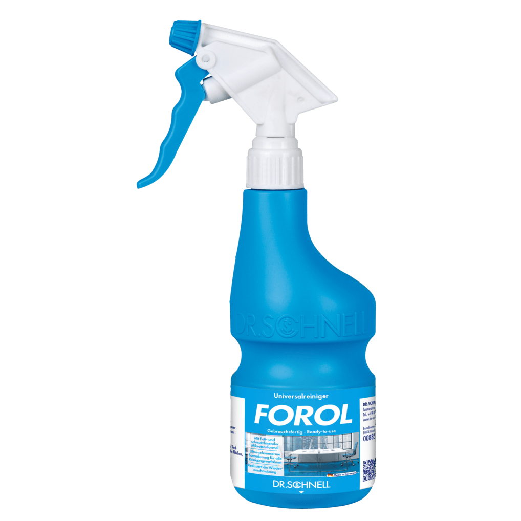 Uno spruzzatore blu-bianco Dr. Schnell vuoto 600 ml di DR.SCHNELL GmbH & Co. KGaA, con attivatore blu e un'etichetta con testo e immagine di un interno pulito, ideale per l'applicazione di detergenti.