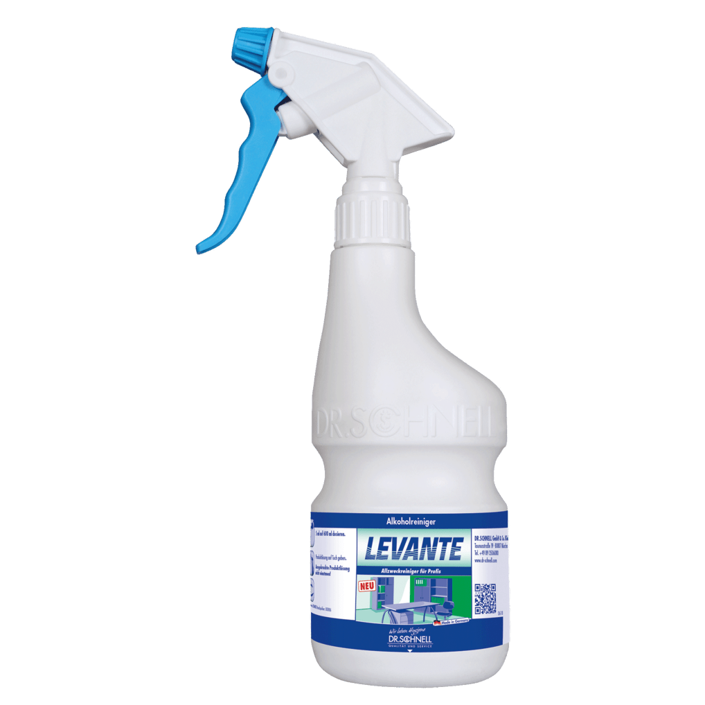 Lo spruzzatore Dr. Schnell vuoto 600 ml di DR.SCHNELL GmbH & Co. KGaA è una bottiglia spray in plastica bianca con attivatore blu e etichetta "LEVANTE", rappresentata verticalmente su uno sfondo bianco.