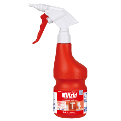 Uno spruzzatore rosso Dr. Schnell vuoto 600 ml di DR.SCHNELL GmbH & Co. KGaA con etichetta tedesca blu-bianco-rossa per l'uso come detergente.