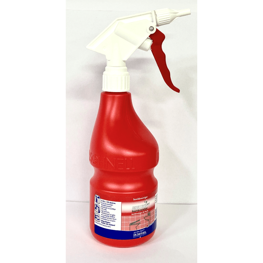 La DR.SCHNELL GmbH & Co. KGaA Dr. Schnell spruzzatore vuoto 600 ml, una bottiglia spray in plastica rossa con ugello di attivazione bianco-rosso e simboli di applicazione sul davanti, è posizionata verticalmente su uno sfondo bianco semplice.