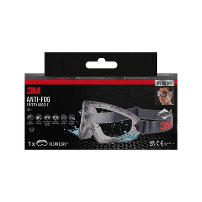 L'immagine mostra una scatola di occhiali protettivi 3M™ 2891 con Scotchgard™ Protector antiappannamento, ventilazione indiretta, lente trasparente di 3M Deutschland GmbH; la confezione evidenzia il rivestimento antiappannamento e la protezione UV del 99,9%.