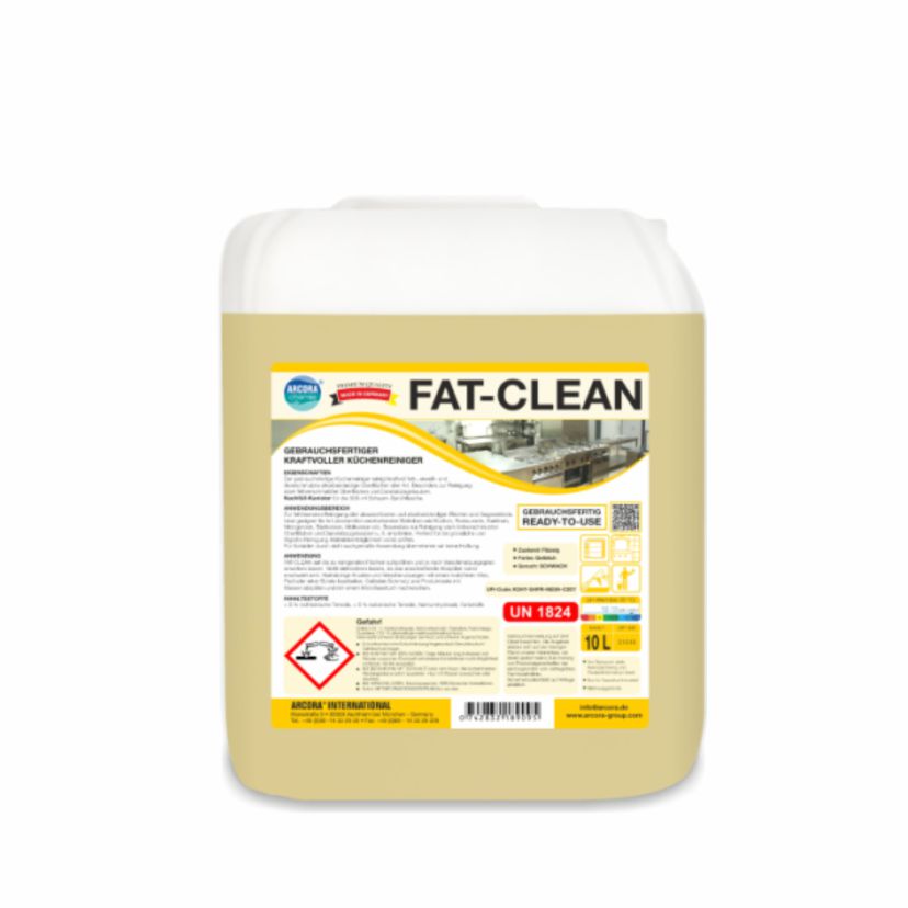 Un contenitore rettangolare da 10 litri con l'etichetta "Arcora Fat-Clean Detergente potente pronto all'uso per cucina" della Arcora International GmbH, con simboli di pericolo, istruzioni per l'uso, immagini di cucina e coperchio bianco.