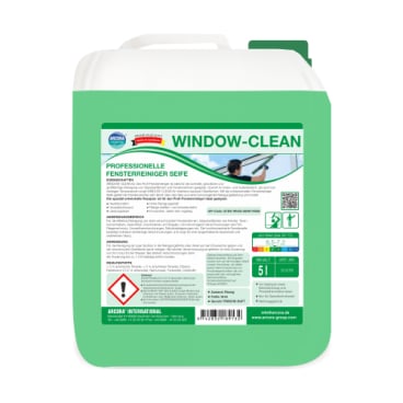 Eine grüne 5L Arcora WINDOW-CLEAN PROFESSIONELLE FENSTERREINIGER SEIFE von Arcora International GmbH, deutsch beschriftet mit Sicherheitsinformationen und Fensterreinigungsbild - ideal für streifenfreie, professionelle Fensterreinigung.