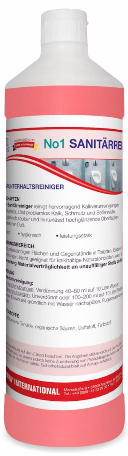Una bottiglia di detergente sanitario Arcora No1 della Arcora International GmbH, di colore rosa, con etichetta in tedesco con ingredienti, istruzioni per l'uso e avvertenze di sicurezza per la pulizia degli impianti sanitari.