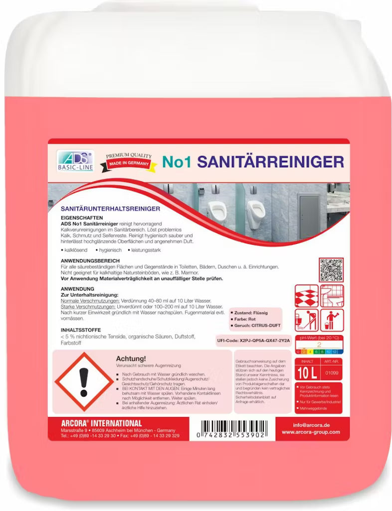 Un contenitore rosa da 10 litri con detergente sanitario Arcora No1 della Arcora International GmbH, con un'etichetta con istruzioni, avvertenze di sicurezza, simboli di pericolo e immagini di strutture igieniche pulite.