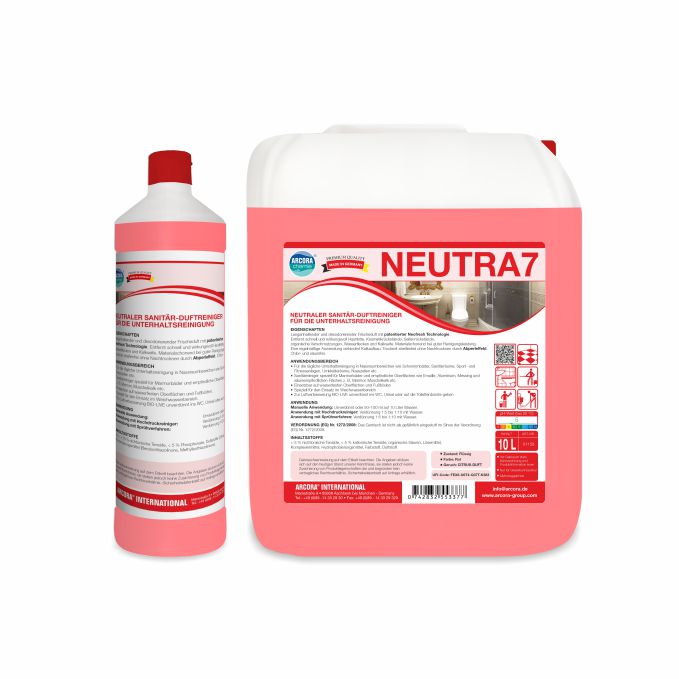 Due contenitori Arcora NEUTRA 7 - una bottiglia alta con tappo rosso e una grande brocca - sono raffigurati, entrambi con etichette in tedesco come "DETERGENTE NEUTRO PER SANITARI PER LA PULIZIA DI MANTENIMENTO" della Arcora International GmbH.