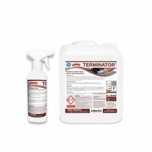 Sono raffigurati un flacone spray bianco e un contenitore bianco da 5 litri di Arcora TERMINATOR (FORMULA COME SPEEDBALL) DETERGENTE POTENTE PRONTO ALL'USO della Arcora International GmbH con simboli di avvertimento ed etichette dettagliate su sfondo bianco.