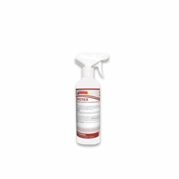 Una bottiglia spray in plastica bianca con l'etichetta "Arcora Spotex Detergente potente per macchie di tappeti" (500 ml) della Arcora International GmbH è raffigurata su uno sfondo a tinta unita - ideale per la rimozione efficace delle macchie e la cura dei tappeti.