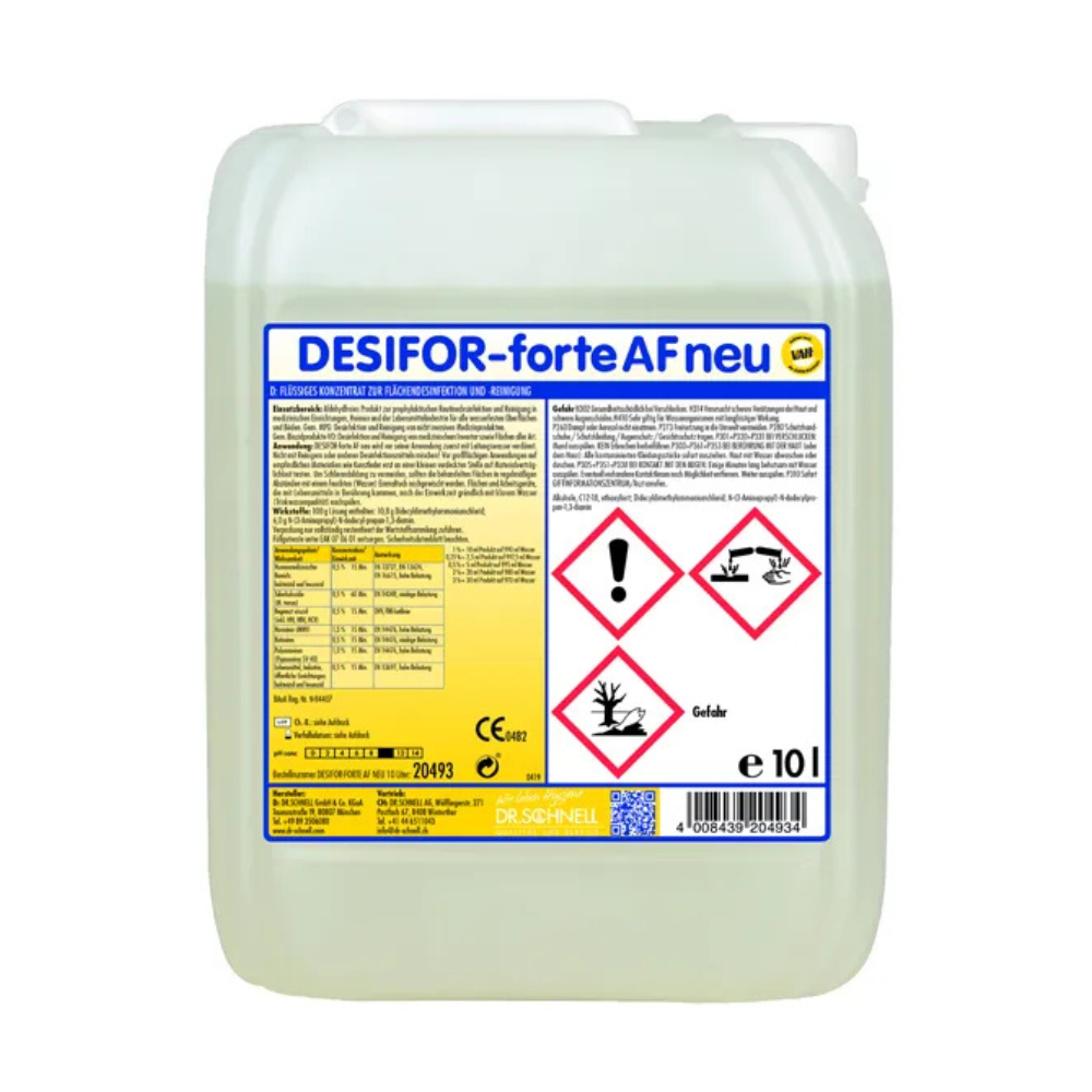 Un contenitore di plastica da 10 litri di Dr. Schnell Desifor-forte AF neu Flächendesinfektion della DR.SCHNELL GmbH & Co. KGaA, con simboli di avvertimento e un'etichetta giallo-bianca con informazioni sul prodotto, sui prodotti chimici e sull'applicazione.