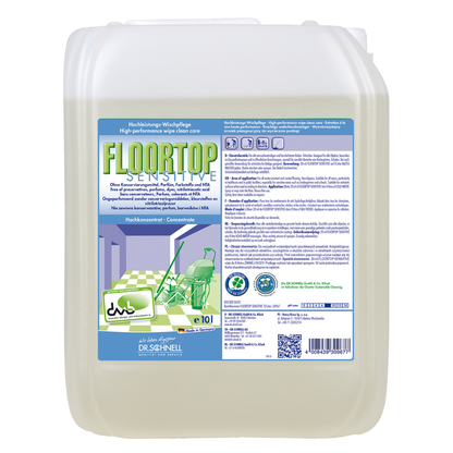 Un grande contenitore di plastica trasparente con la scritta "Dr. Schnell Floortop Sensitive, detergente per pavimenti ad alte prestazioni, inodore" della DR.SCHNELL GmbH & Co. KGaA è dotato di un tappo verde, informazioni multilingue e un'illustrazione di pulizia sulla parte anteriore.