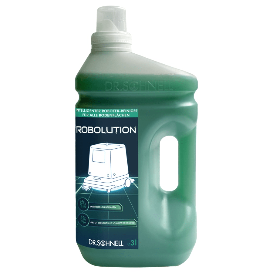Una grande bottiglia di plastica verde da 3 litri della DR.SCHNELL GmbH & Co. KGaA Robolution 2-in-1 Detergente per robot, con manico, tappo bianco e un'etichetta che mostra un disegno a linee di un robot pulitore e informazioni sul prodotto in tedesco.