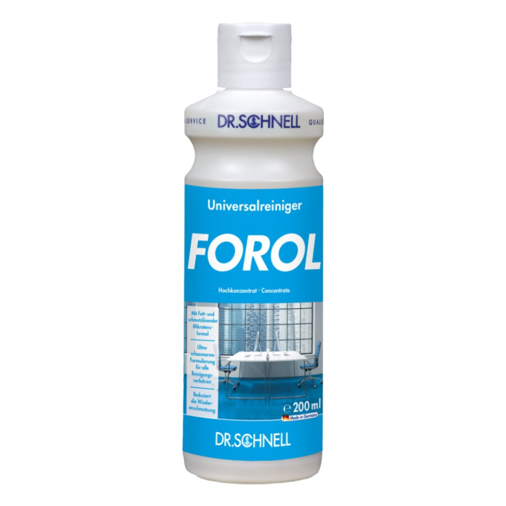 Una bottiglia di plastica bianca da 200 ml Dr. Schnell Forol detergente universale concentrato per superfici di DR.SCHNELL GmbH & Co. KGaA, con etichetta blu e immagine di una camera pulita. Adatta per diversi tipi di superfici grazie alla sua eccellente compatibilità con i materiali.