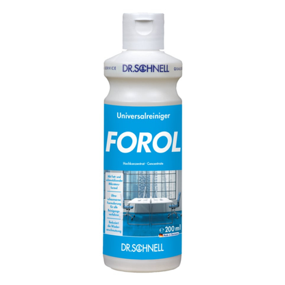 Una bottiglia di plastica bianca da 200 ml Dr. Schnell Forol detergente universale concentrato per superfici di DR.SCHNELL GmbH & Co. KGaA, con etichetta blu e immagine di una camera pulita. Adatta per diversi tipi di superfici grazie alla sua eccellente compatibilità con i materiali.