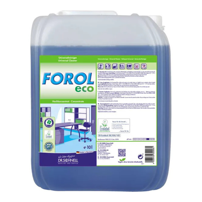 Un contenitore da 10 litri della DR.SCHNELL GmbH & Co. KGaA Dr. Schnell FOROL ECO detergente universale, ecologico per superfici, con liquido blu e un'etichetta con informazioni sul prodotto, loghi di certificazione e un'illustrazione di ufficio.